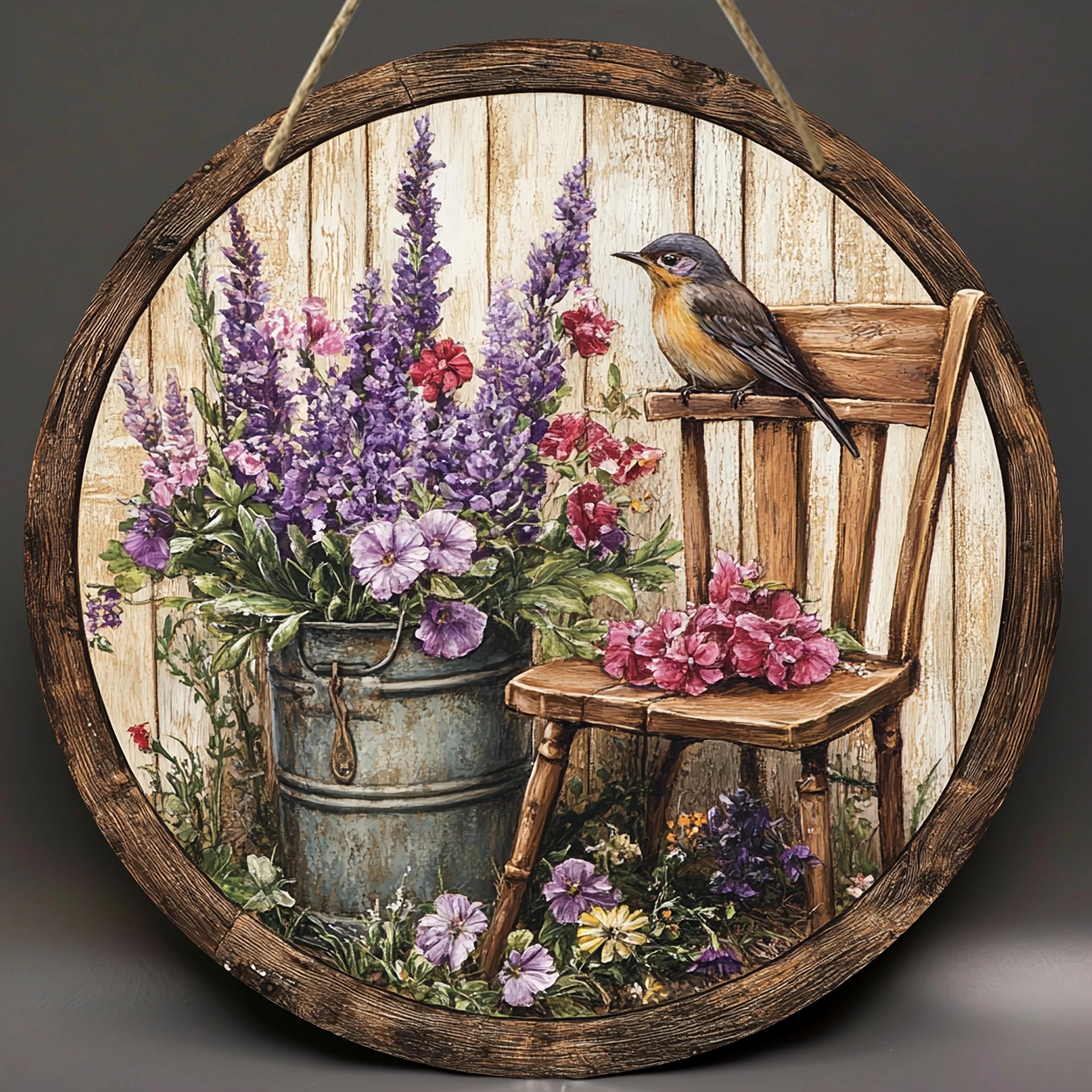 Round Wooden Sign, Rustic Style, 2D Printed Bird and Flower Mural, 7.87inch, This Is a Multifunctional Holiday Decoration, No El