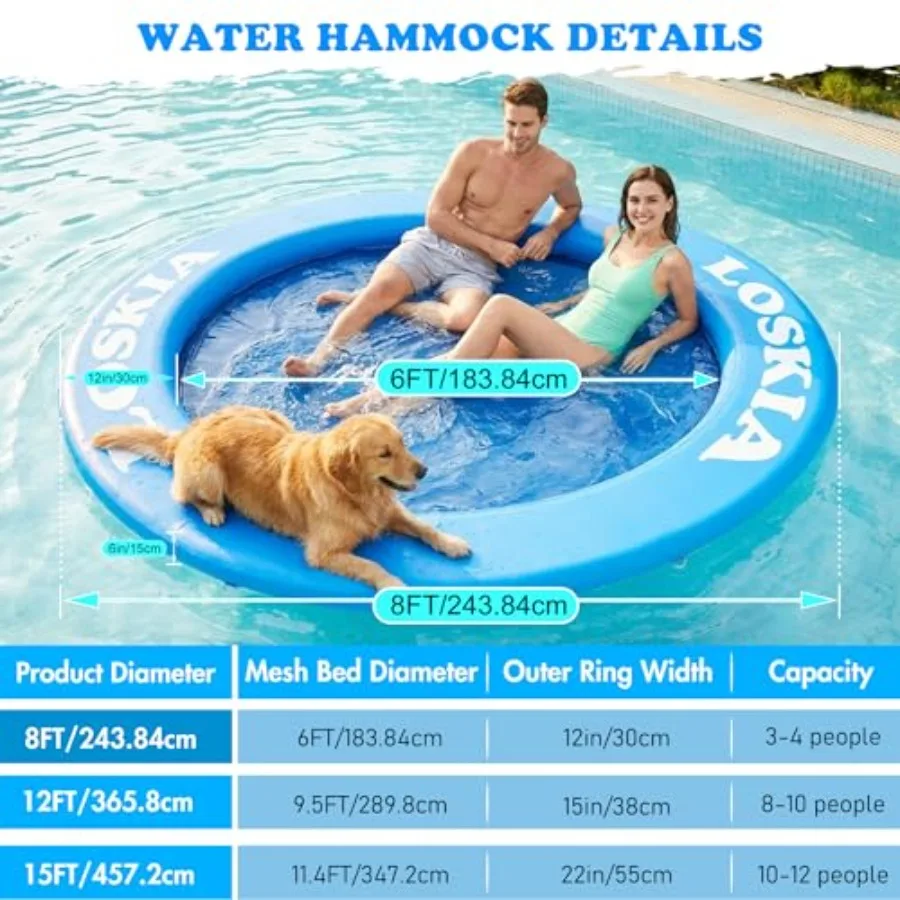 Inflatable Water Hammock Floating Dock for lake and pool use, PVC material, blue color, extra-large 12-foot round design with c
