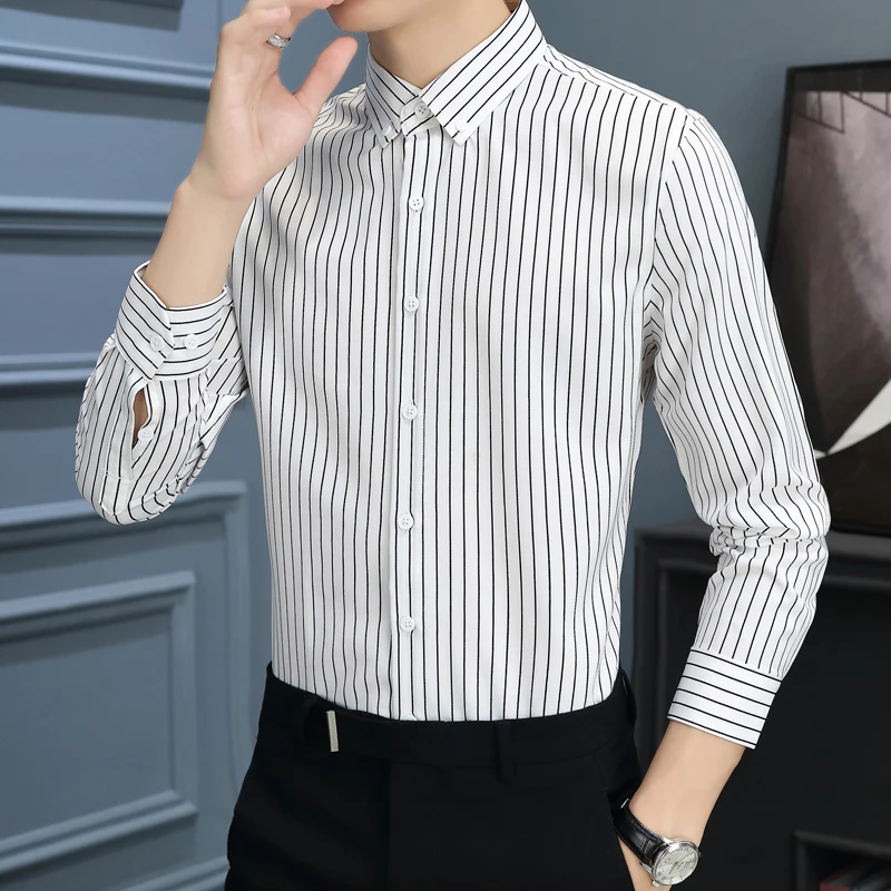 

Slim Fit Long Sve Striped irt Men's Casual Faion Urban Sle Anti-Wrinkle Spring Autumn Korean Version M Apparel
