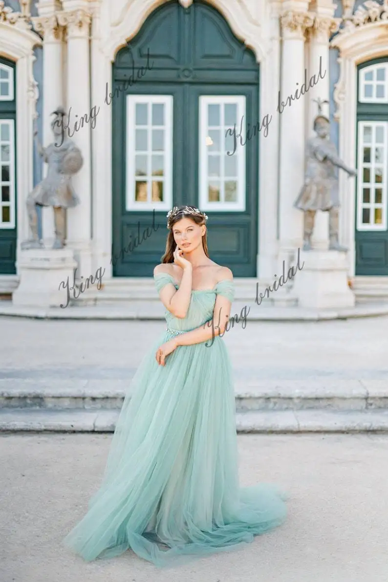 ウェディングドレス オフショルダー ブライダルドレス パステルミント フルチュール ドレープコルセット付きイブニングボールガウン ウェディングドレス バックレス