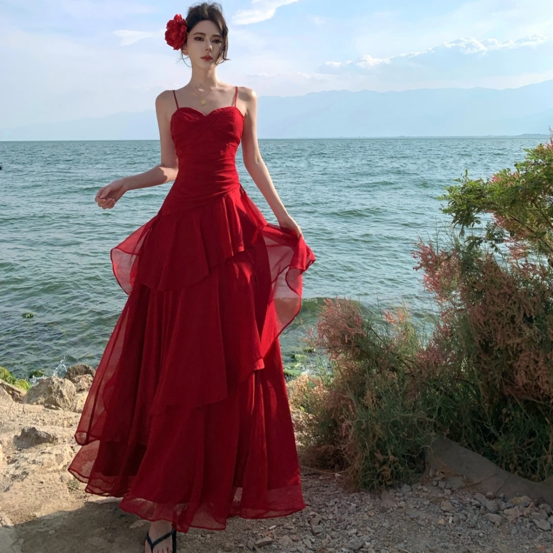 

Summer Backless Beach Red Long Dress Women Fashion Sleeveless Spaghetti Strap Ruffled Dress Evening Party Birthday Dresses