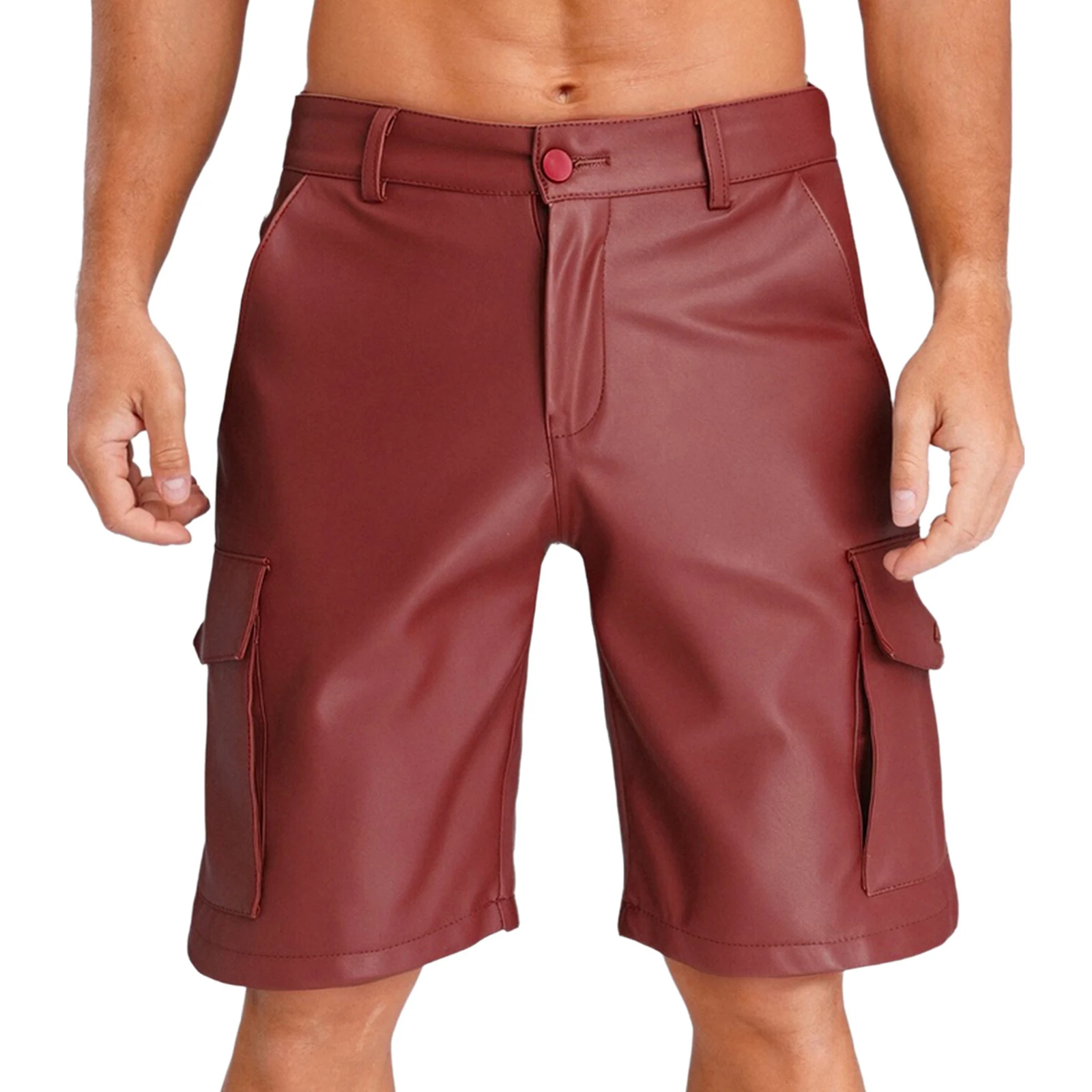 Mens PU Leather Motorcycle Biker Shorts Flap Pockets Walking Short Cargo Pants Gothic Shorts Punk Rock Party Raves Clubwear