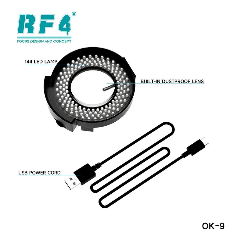 RF4 OK-9 144 LEDs Microscope Ring Light USB Powered Dustproof Lens Shadow-Free Illumination for Precision SMD Soldering Station