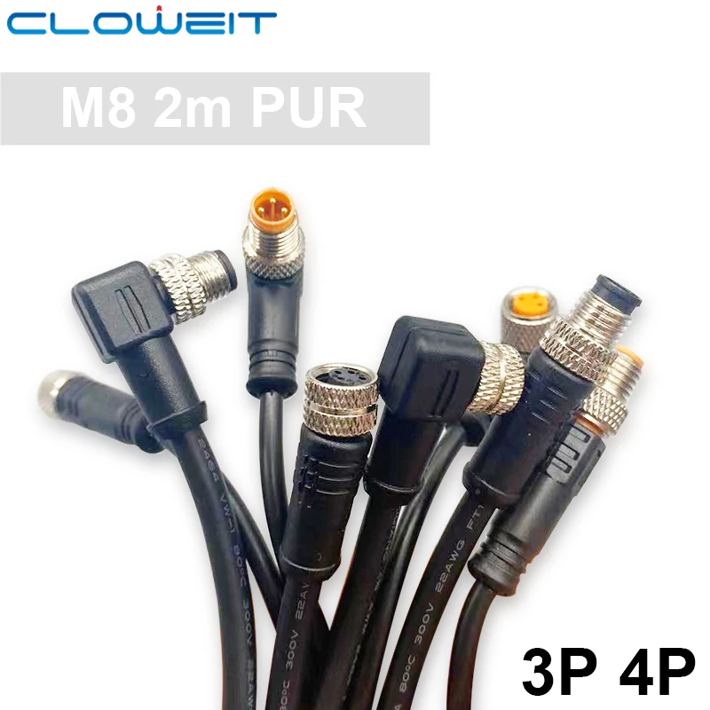 Cloweit 2m PUR M8 3 4 Pins Male Female Aviation Plug-in  Sensor Cable Fast Connection on Harsh Environment