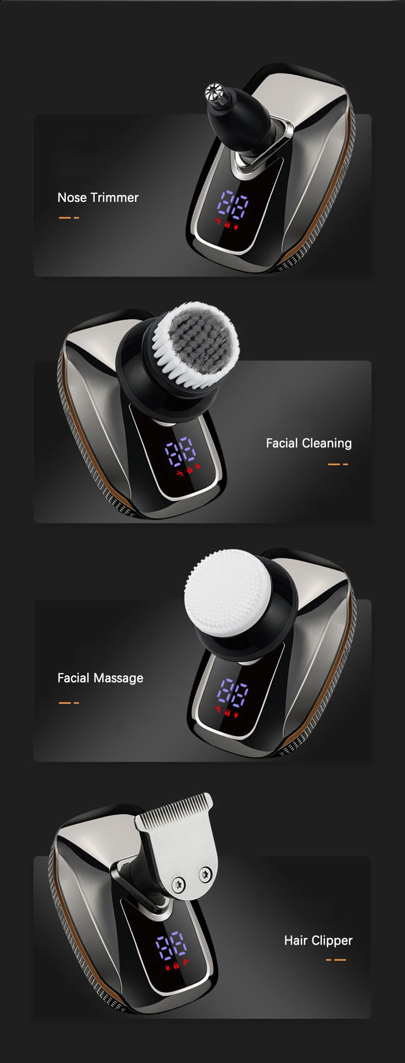 Floating 7-Blade 5-in-1 Electric Shaver For Men Rechargeable Nose Hair Trimmer Facial Cleaning Massager Bald Head Beard Razor