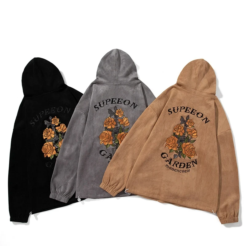 Japanese Hoodies Men Flowers Embroidery Suede Oversized Hoodies Autumn Winter Y2k Streetwear Pullover Hoodie Sweatshirts Women