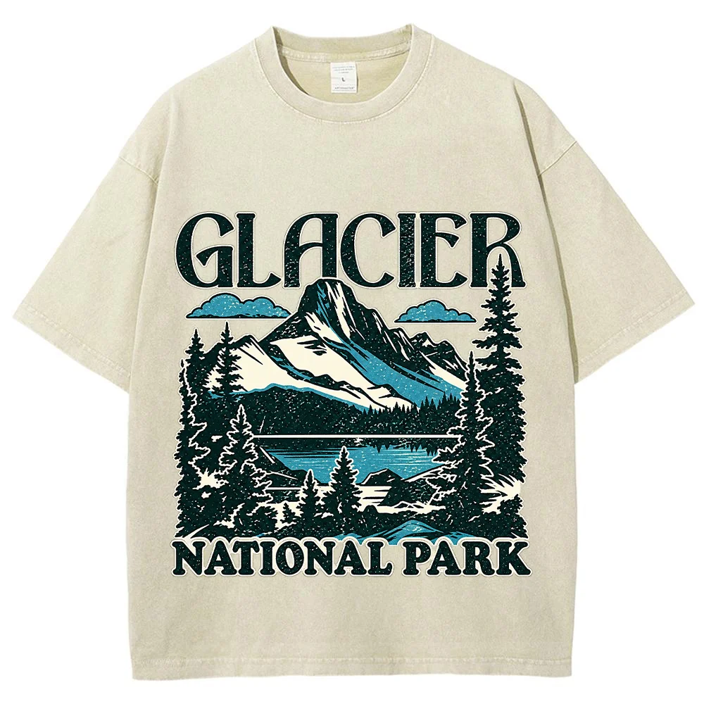 Men T Shirt Glacier National Park Mountain Graphic  Short Sleeve Crewneck Casual Loose Cotton Outdoor Vintage Tees