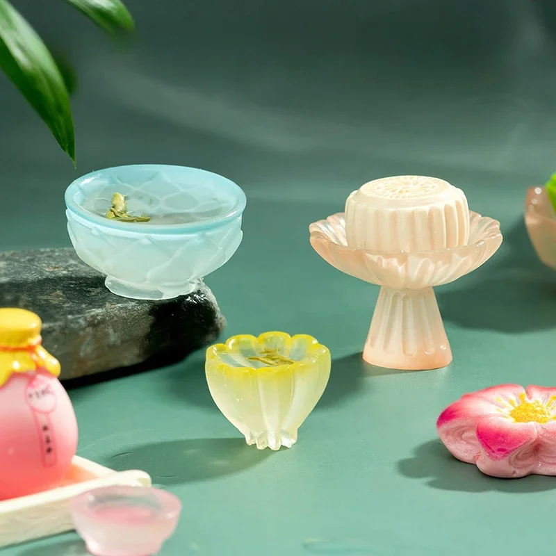 Assiette à fruits Miniature pour maison de poupée, plateau haut, assiette à gâteau, bol à thé, modèle d'accessoires de cuisine pour maison de poupée, jouets de décoration, 4 pièces/ensemble