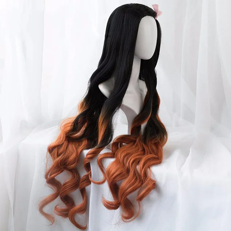 Kamado Nezuko Pruik Nezuko Cosplay 95Cm Gradiënt Lang Haar Accessoires Hittebestendige Synthetische Pruik