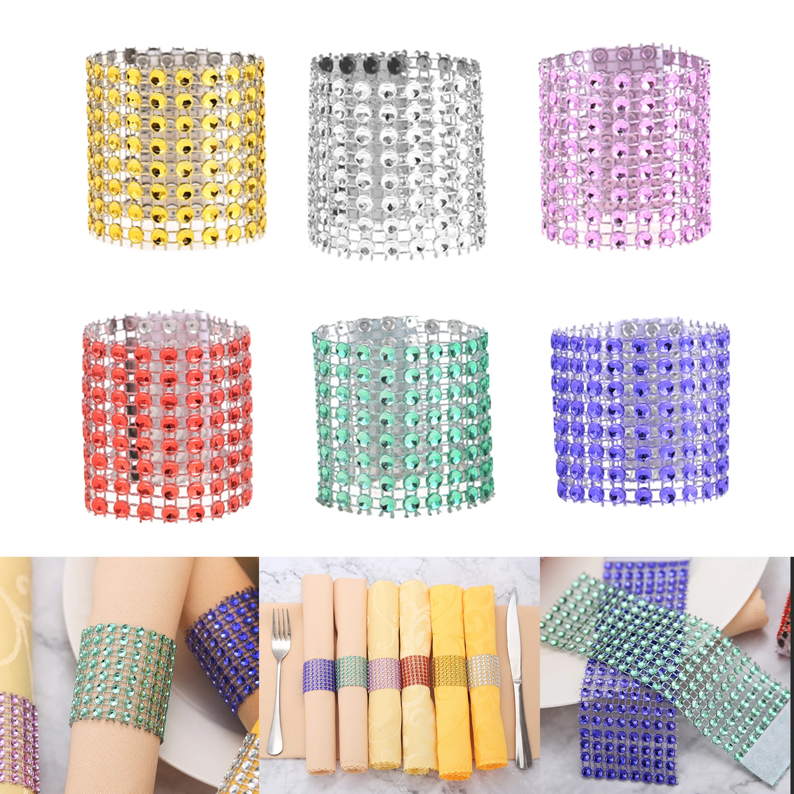 10pcs/lot Hollow Diamond Napkin Rings PP Rhinestone Mesh Napkin Warp Holder Bling Dining Decor Gold/Silver/Pink/Red/Green/Blue