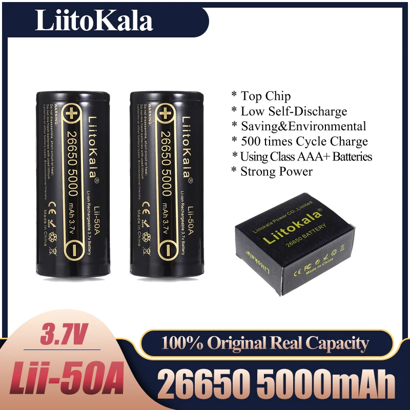 Liitokala Lii-50A 26650 5000mAh قدرة عالية 26650-3.7 فولت بطارية ليثيوم لمصباح يدوي قوة البنك بطاريات ليثيوم أيون قابلة للشحن