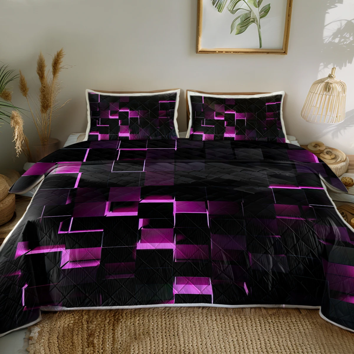 

3PCS Purple Light Geometric Cubes Theme Quilt Set 3D Dizziness Effect Geometric Pattern Comforter With 2 Pilowcase