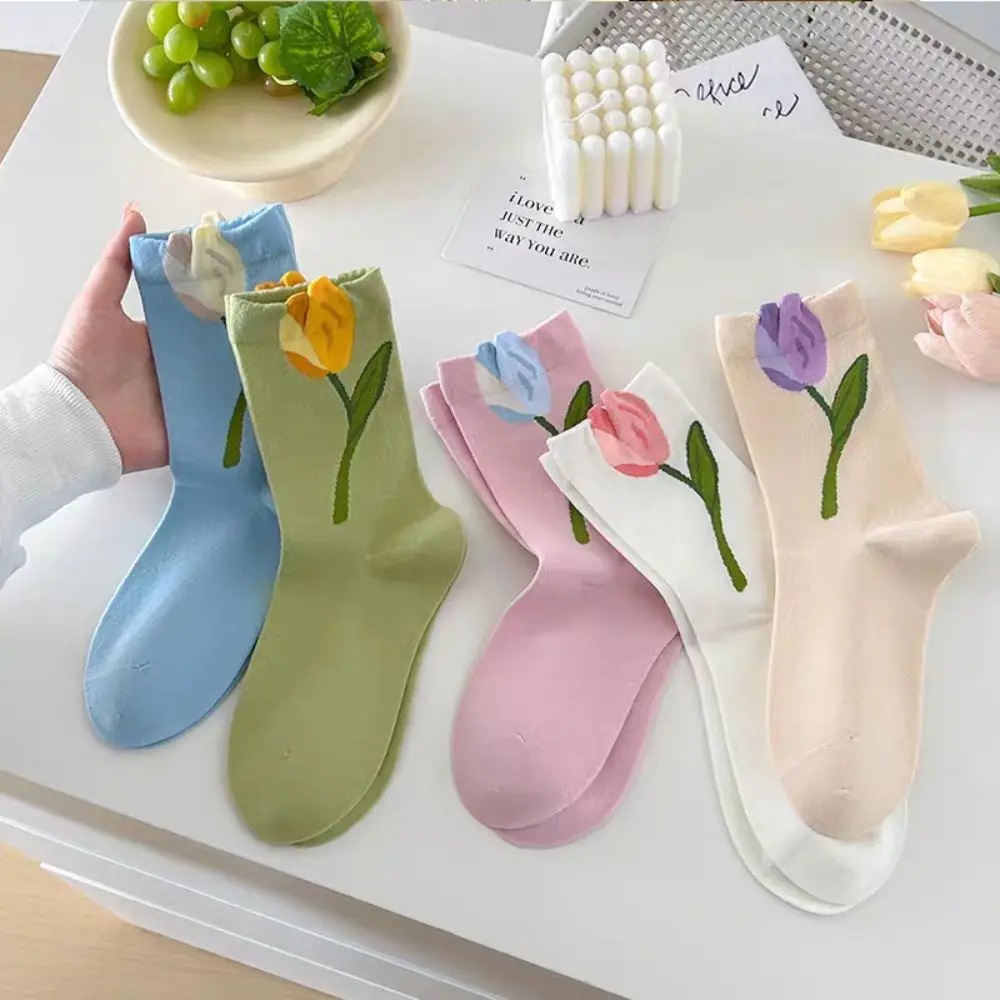 

5 пар модных тонких носков с цветком тюльпана, дышащие милые носки средней длины, женские чулочно-носочные изделия, носки для женщин и женщин