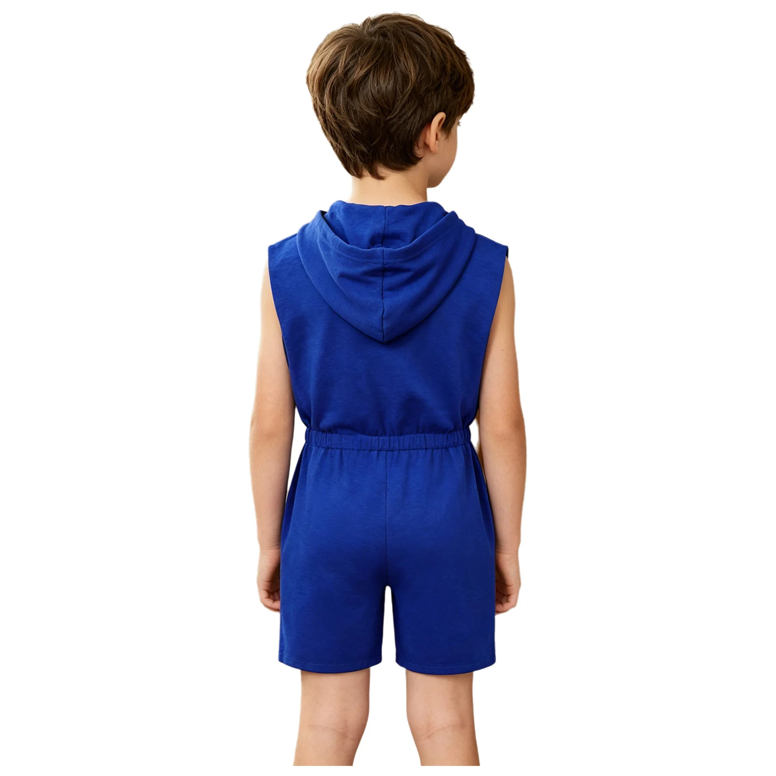 Kids Boys Girls Sleeveless Zipper Hooded Jumpsuit Sports Casual Clothes Elastic Waist Thigh Length Bodysuit for School Holiday