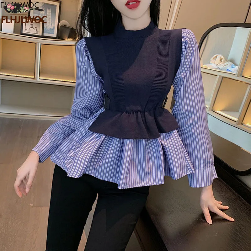 Hot Sales New Design Womens Fashion Cute Sweet Preppy Style Girls Patchwork Striped Tops Fuax Two Piece Knitted Sweater Shirts