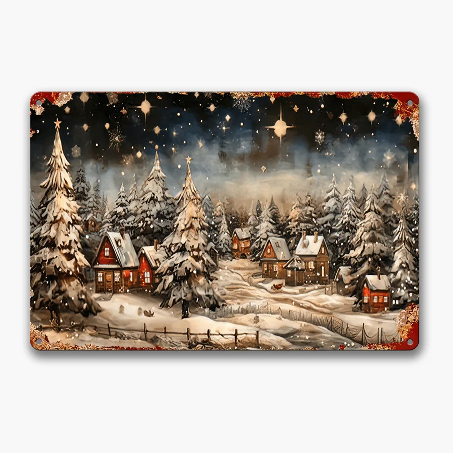 1pc Vintage Rustic Christmas Metal Tin Sign - Heavy-Duty Iron Winter Village Wall Art with Red-Roofed Houses, Snowy Pine Trees &