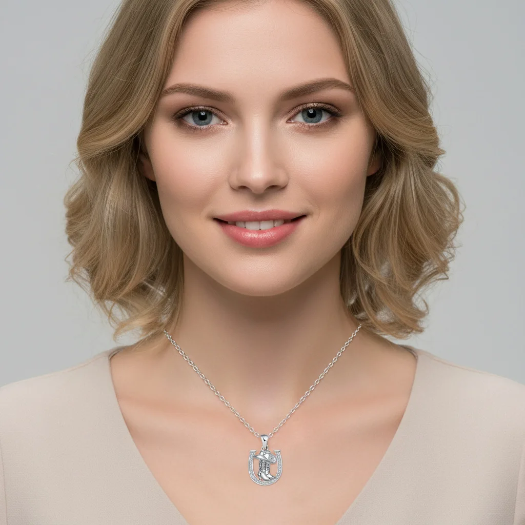 Stainless Steel Chain Lucky Horseshoe Cowboy Boots Hat Pendant Necklace CZ Crystal Western Fashion Jewelry for Women Gift