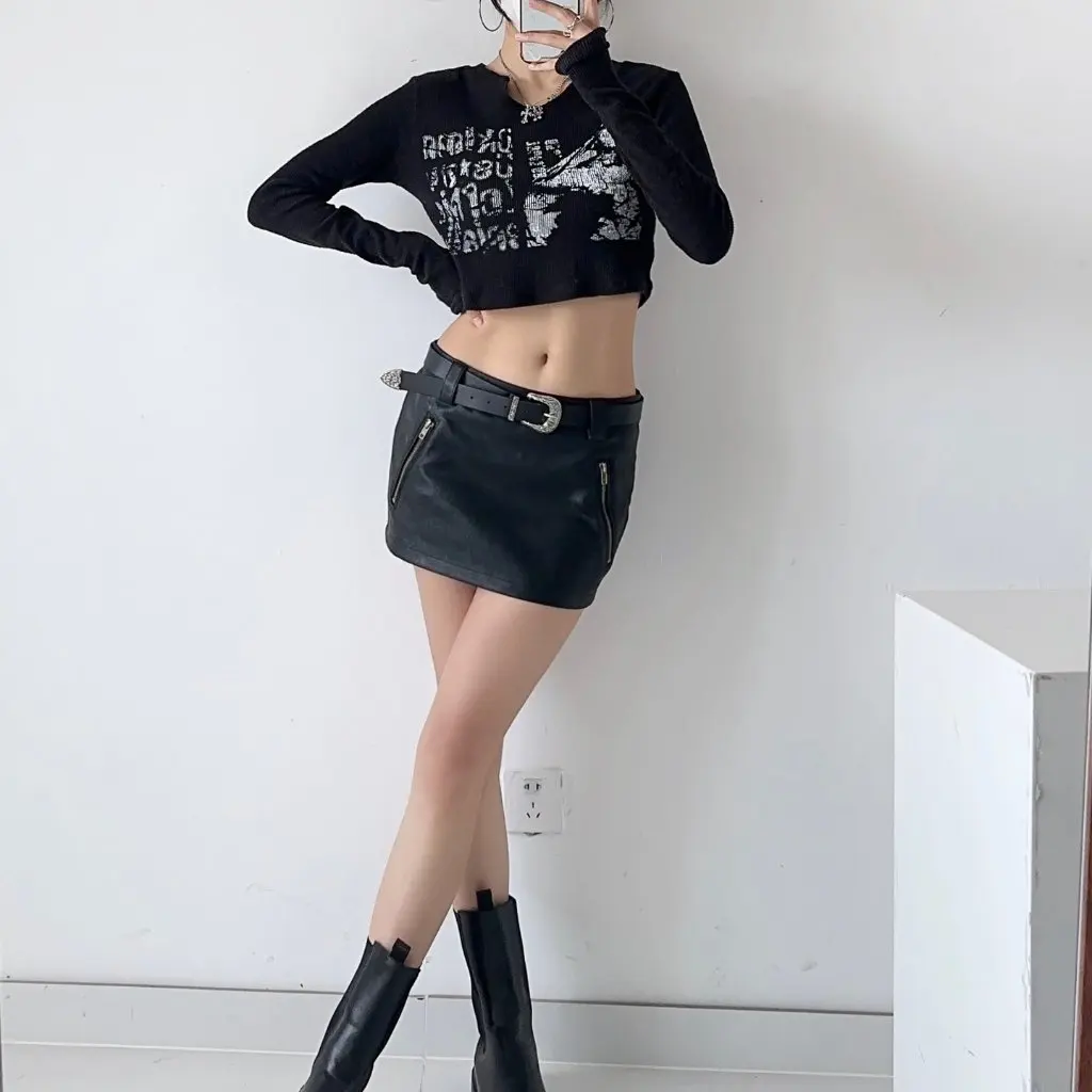 

High Waist Slimming PU Leather Mini Skirt with Belt Decoration European American Style for Young Women Anti-Exposure Hot Girl