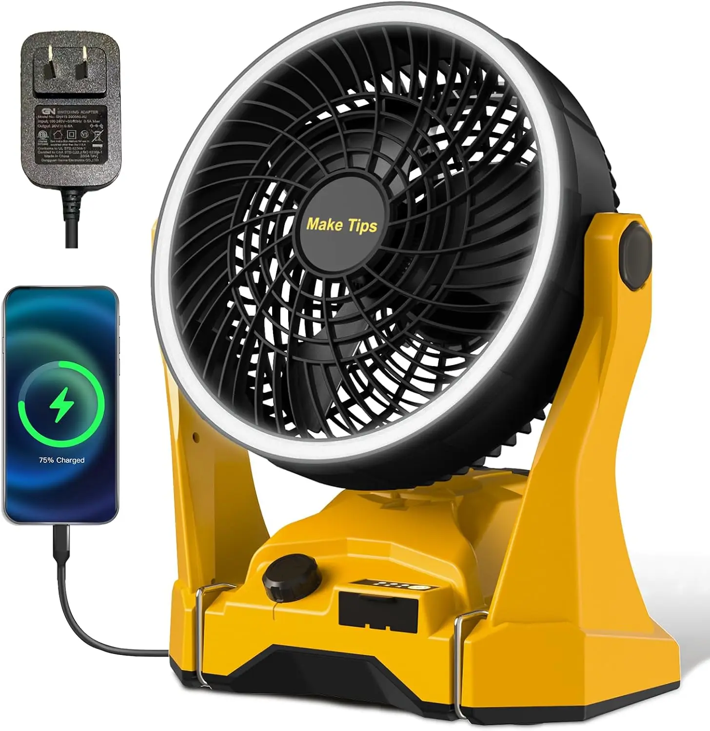 

Portable Jobsite Fan with Infinite Speed, 3-Level Ring Light, USB-C & USB Charging, Hook & Handle, 180° Tilt, for 20V Max Battery (Battery Not Included)
