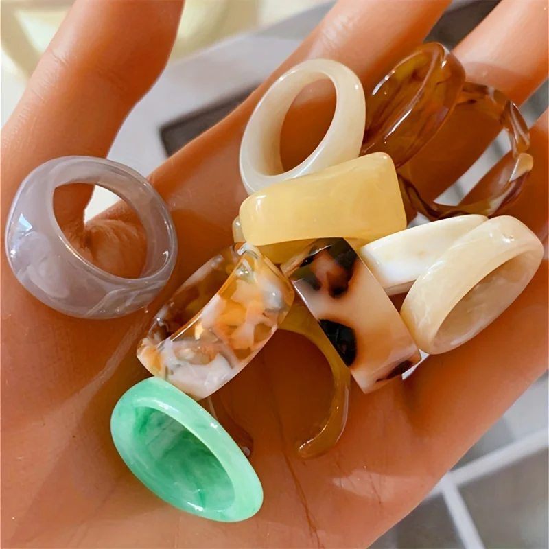 11 piece Bohemian retro style acrylic resin gold foil ring set for women with dopamine personality and unique design, wide face