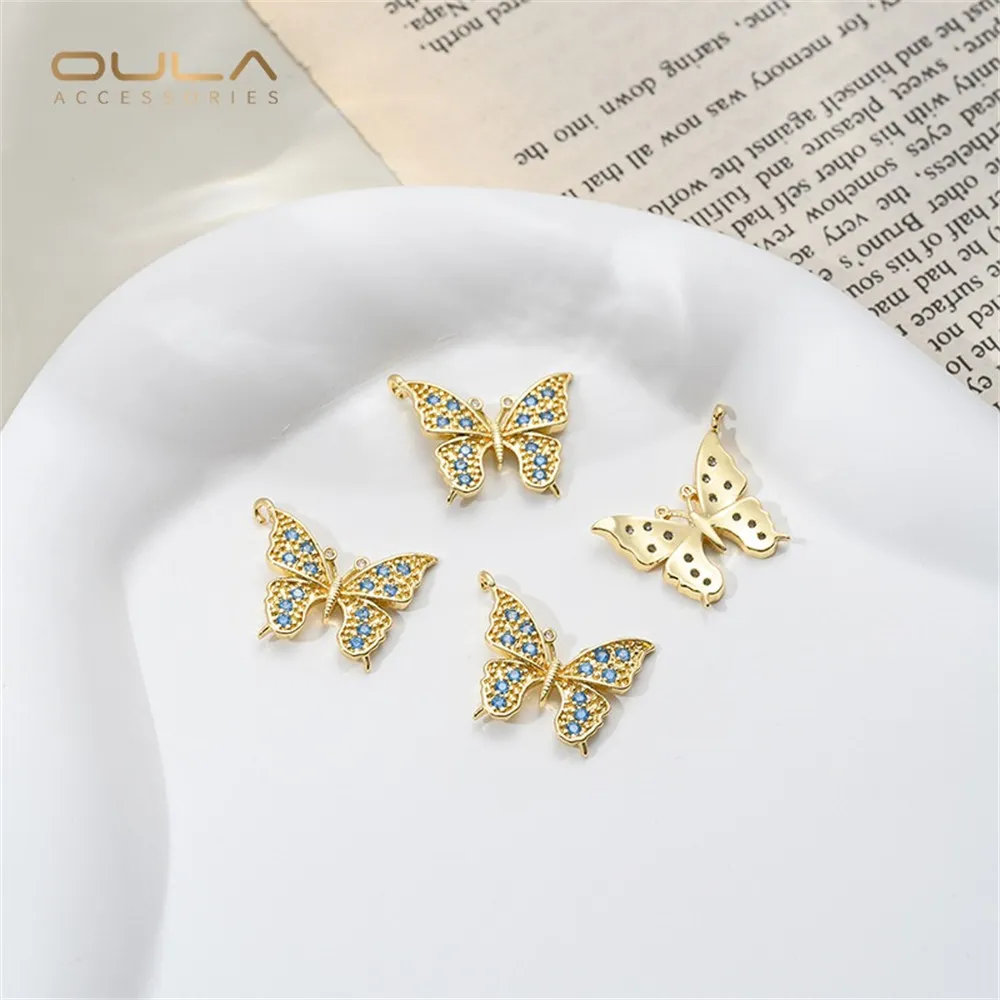 14K Light Gold Color-retaining Tulip, Abalone, Shell, Rose, Queen Blue Zirconium Butterfly Pendant Diy Jewelry Necklace Pendant