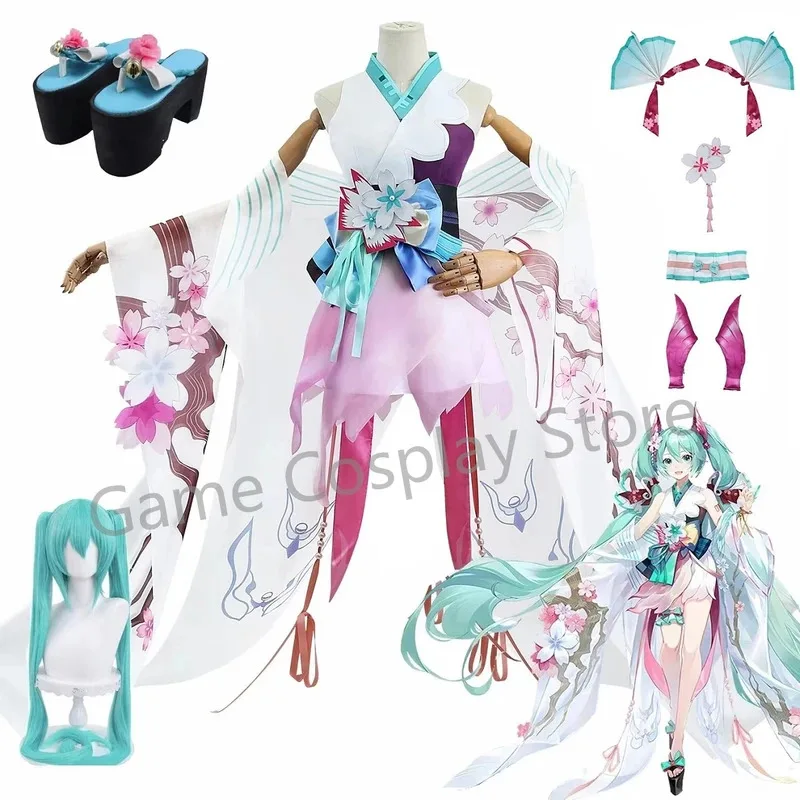 SSR Onmyoji RPG Collab x Miku Kimono Yukata الزي شعر مستعار أحذية أنيمي زي حفلة تنكرية للهالوين أزياء تنكرية للنساء Girlsx؛