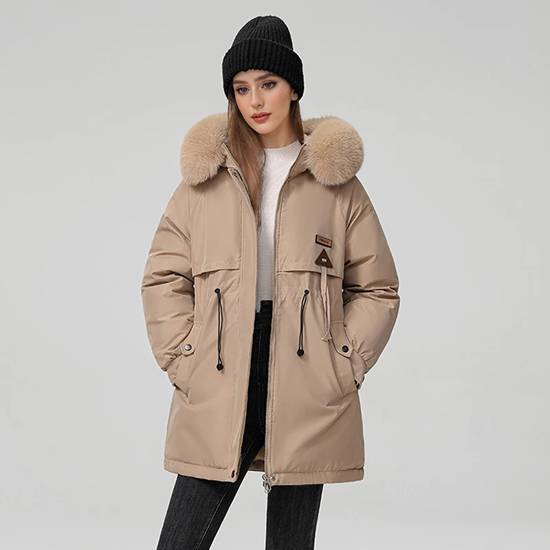 

Fur Collar Mid Long Hooded Parkas Wool Liner Lace-up Slim Women's Winter Jacket 2024 New in Coats Spliced Thick Quilted Jackets