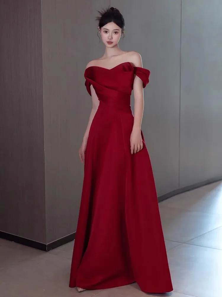 Burgundy Bridesmaid Dress Off Shoulder Detachable Sleeves A-Line Delicate Satin Wedding Banquet Evening Toast Formal Prom Gowns