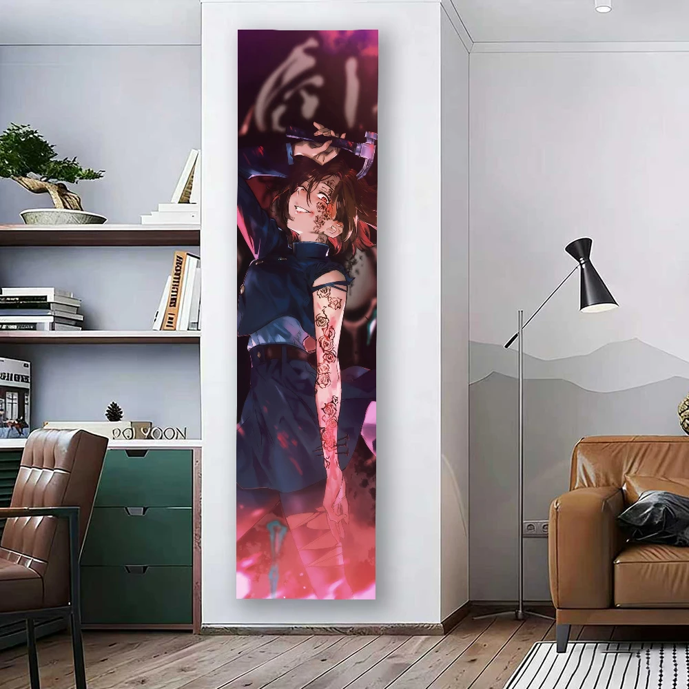 Anime Girl with Hammer Tapestry Flat Print Vertical Wall Hanging Dark Sorcery Rose Tattoo Art for Bedroom Dorm Decor