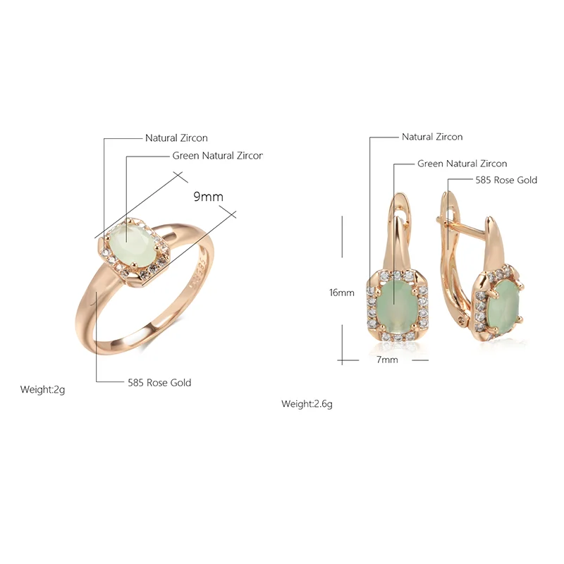 Wbmqda Luxury Elegant Green Natural Zircon Earrings Ring For Women 585 Rose Gold Color Retro Ethnic Wedding Party Jewelry Sets