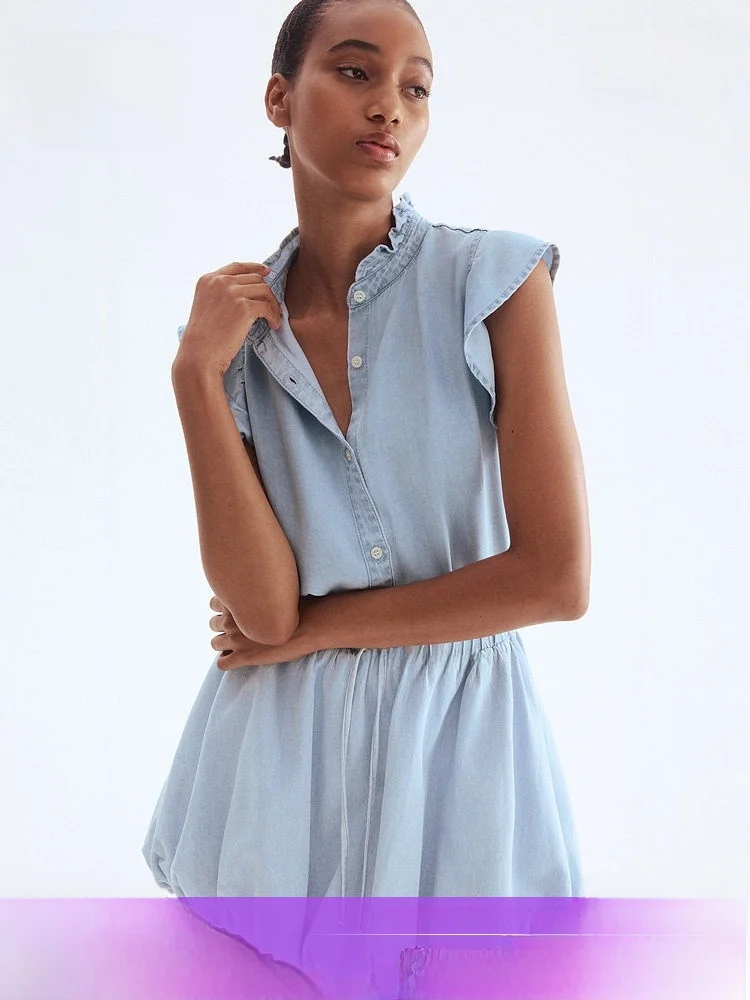 

Весенняя женская повседневная джинсовая рубашка с рюшами по низу, прямого кроя, с воротником-стойкой, однотонная, H&M 290276