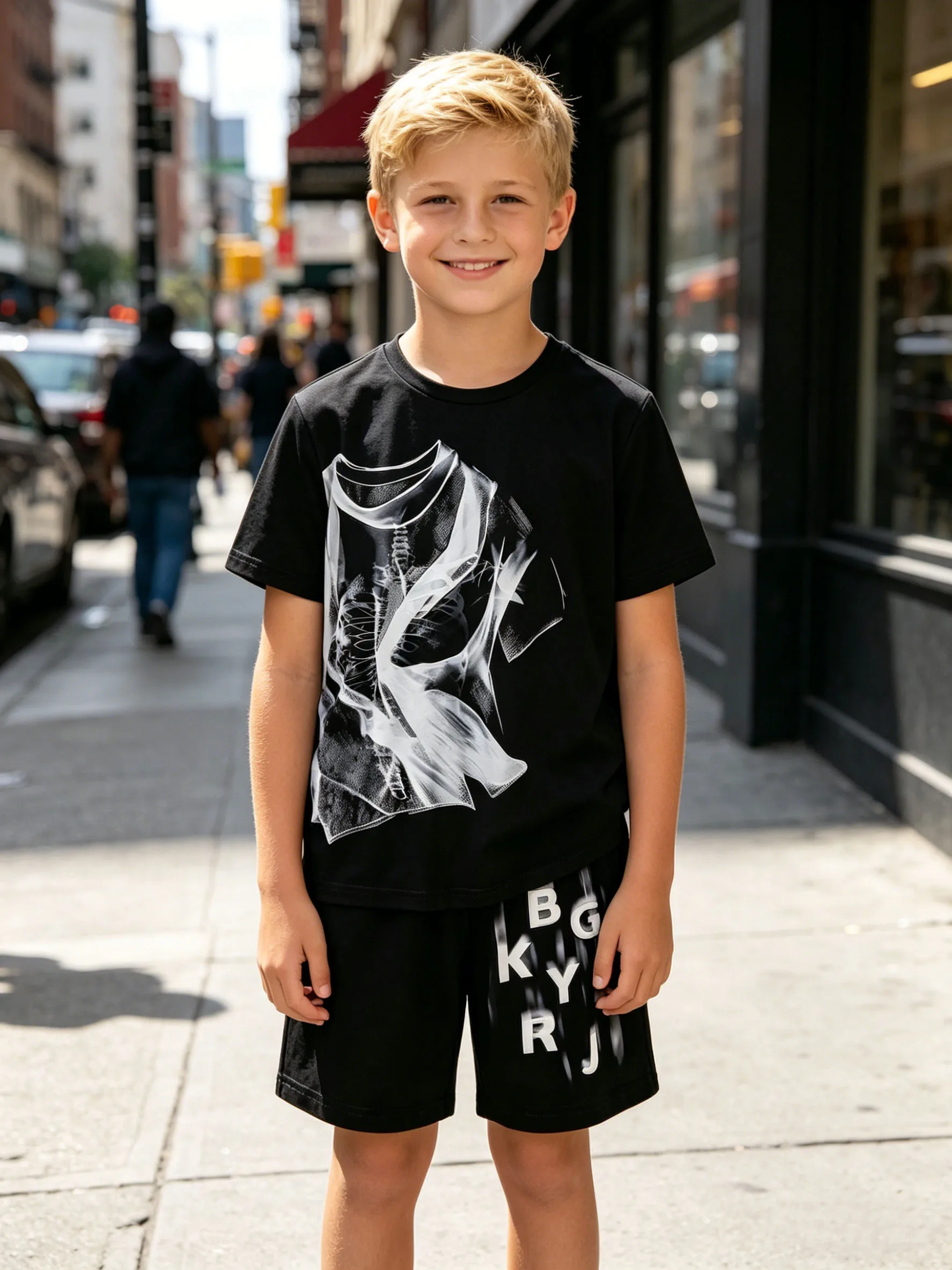 Boys' fashionable shorts summer style, boys' outdoor casual youth letter unique pattern black short sleeved shirt