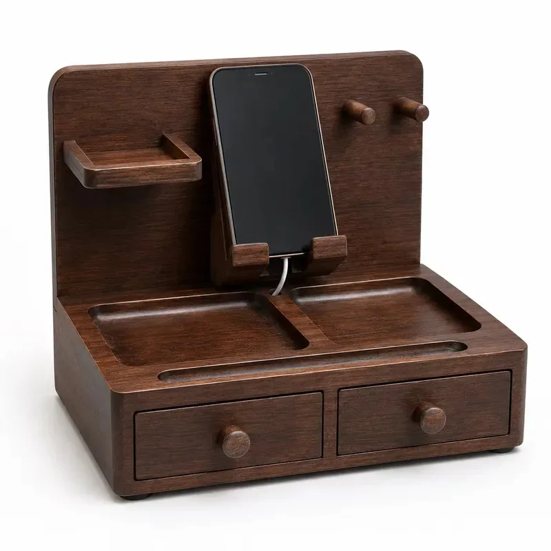 Modern foldable wooden double-layer non-folding desktop storage box, mobile phone holder, double drawer, bedside storage