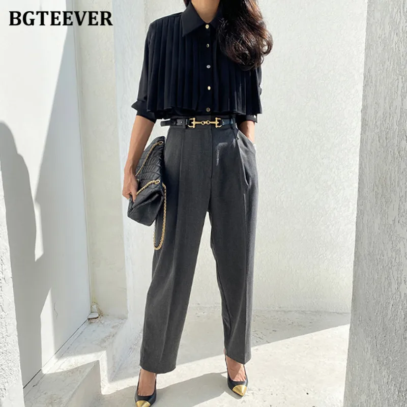 BGTEEVER Elegant Loose Female White Shirts Long Sleeve Lapel Women Pleated Blouses Spring Summer Ladies Tops