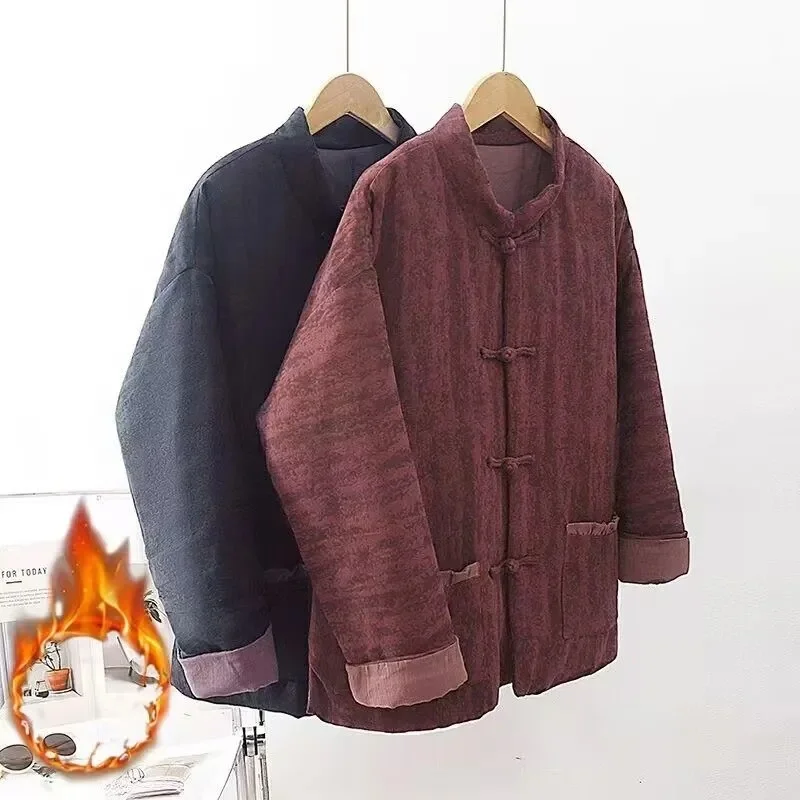 

Women's Thick Warm Quilted Jacket – Vintage Cotton Winter Coat, Plus Size Retro Buttoned Outerwear for Cold Weather J088