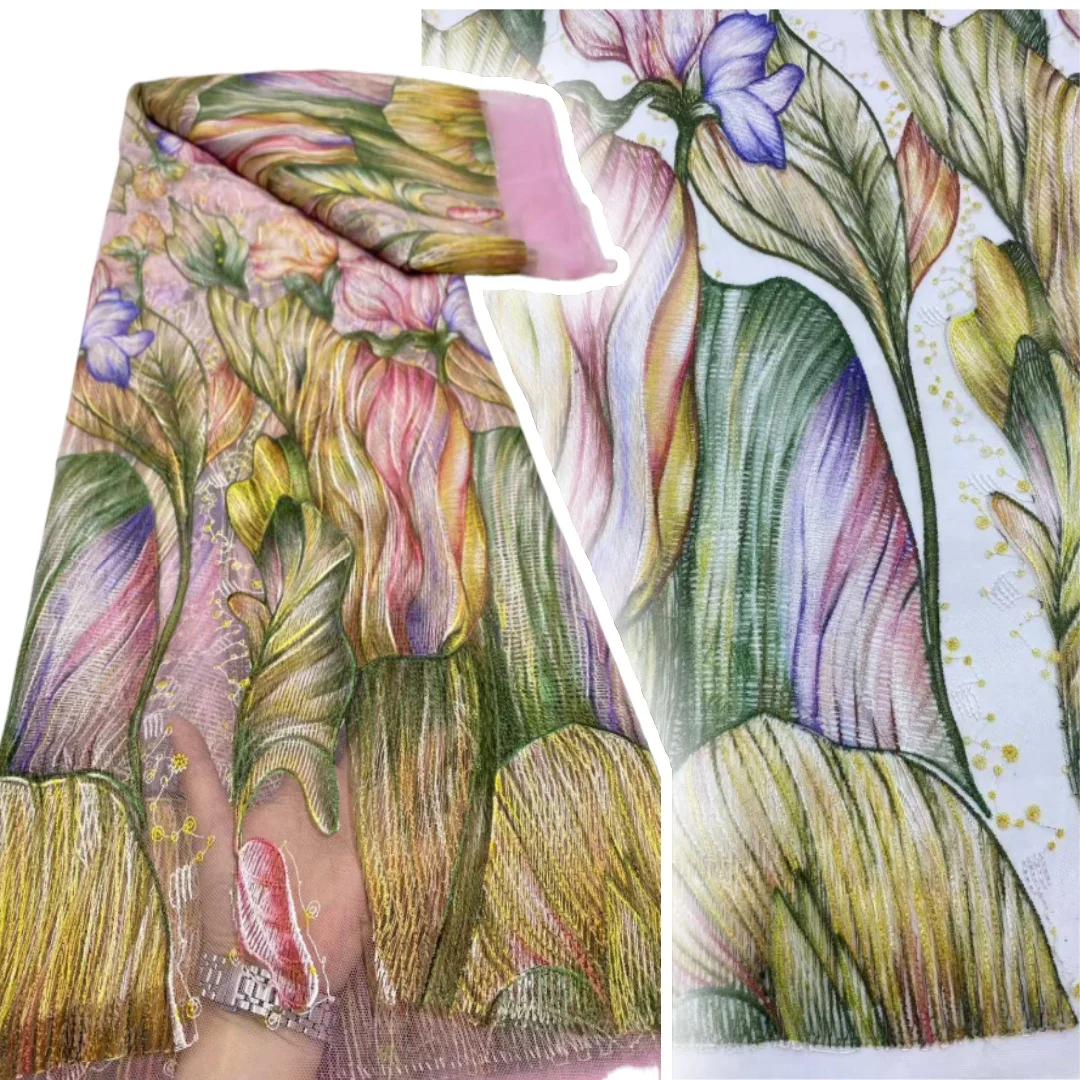 

2025 High Quality French Nigerian Embroidery Lace Fabrics Fashion Women African Tulle Luxury Handmade Embroidery Fabrics TP1007
