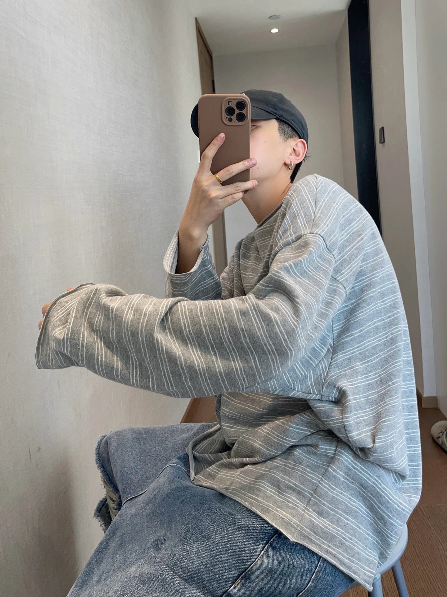 American Retro Striped Long Sleeve T-Shirt Men's Spring Autumn Casual Loose Base Shirt round Neck Polyester No Ironing Required
