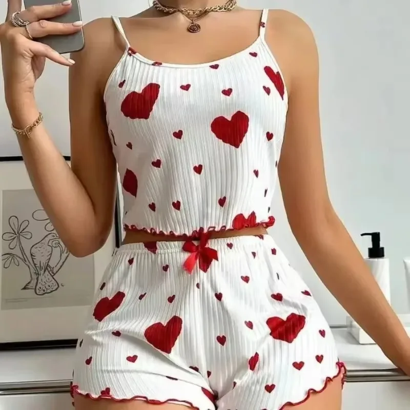 

New Summer Thin Pajamas Solid Color Polyester Leisure Suit Homewear Set Sling Shorts Ladies
