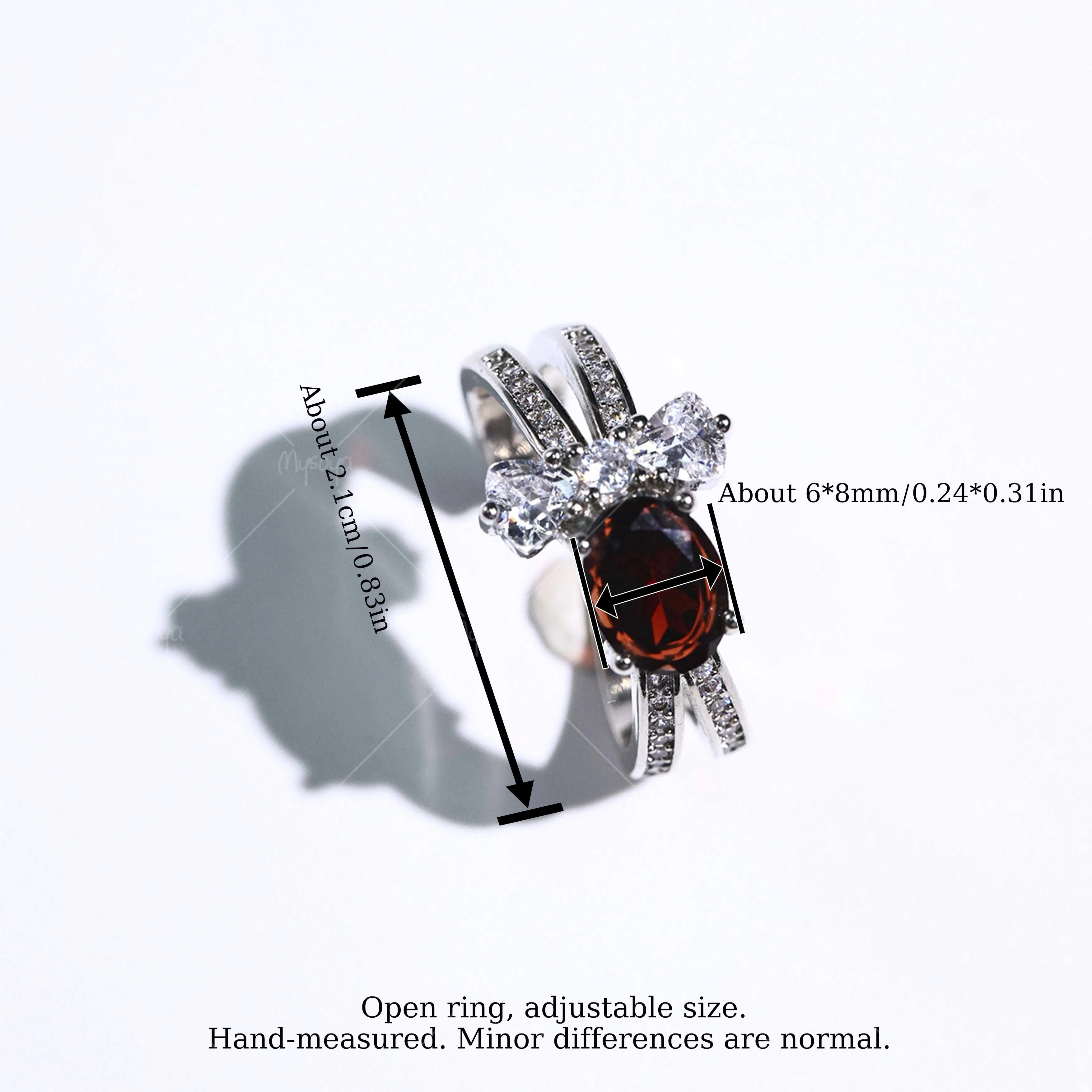 MYSOYA Silver-Plated Bow Ring with Natural Garnet, 6×8mm Garnet 1.48ct, Gift Box Included, January Birthstone SC19