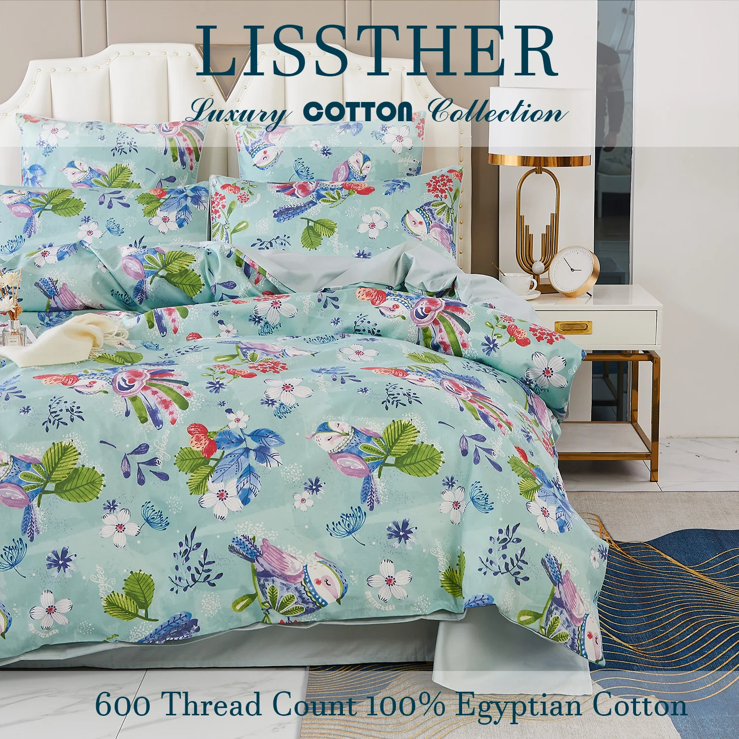 

3pcs 600 TC 100% Egyptian Cotton Duvet Cover Set (Without Core), Garden Flower Bird Print Shabby Chic, Soft And Skin-friendly