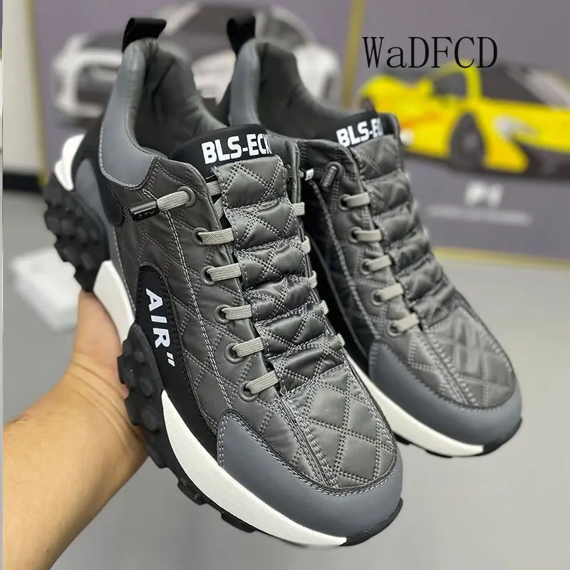 Chunky Sneakers Men Soft Sole Running Shoes Fashion Casual Leather Fabric Breathable Height Increased Flat Platform Board Shoes