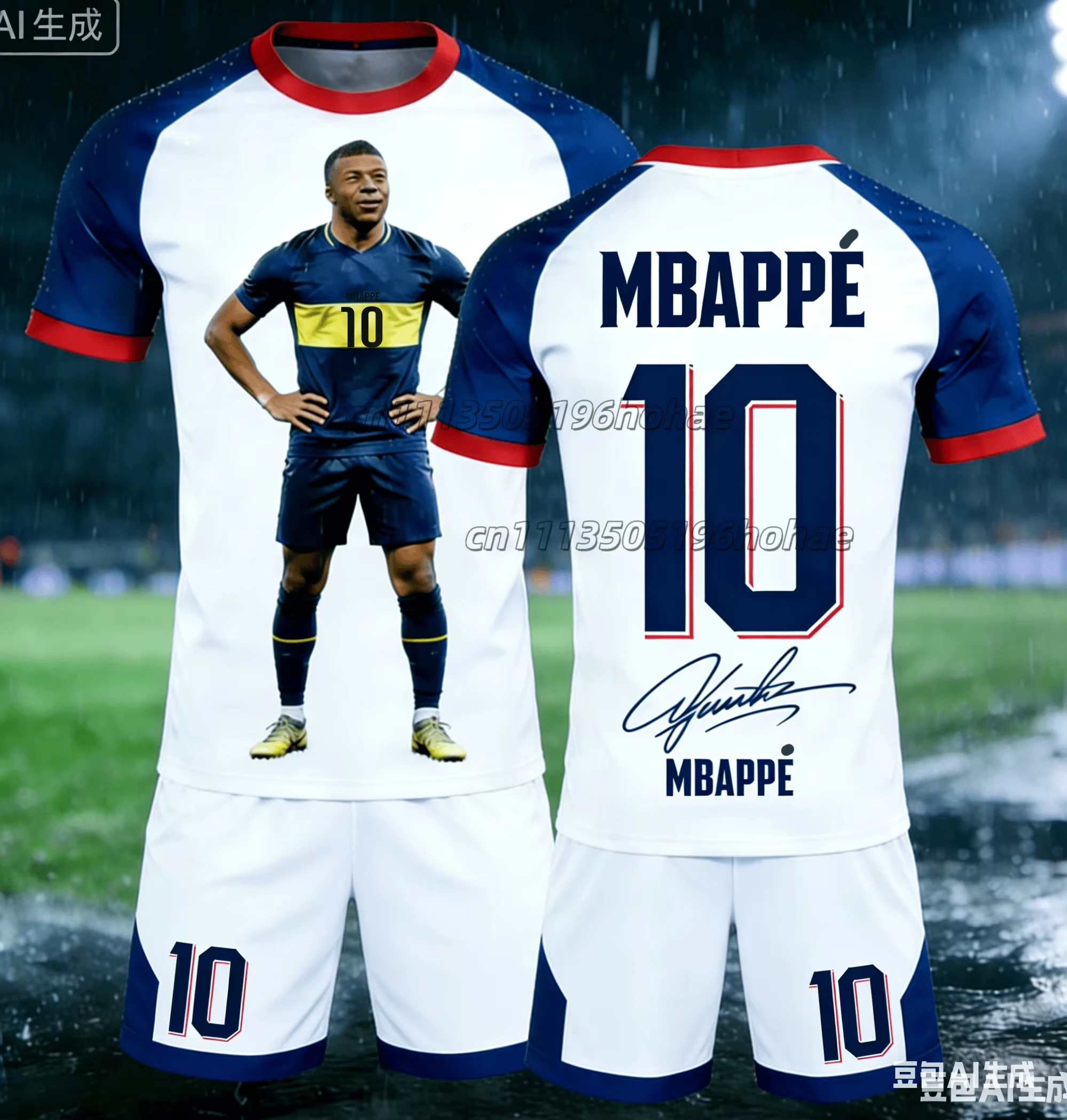 Summer New Item # Mbappe No.10 # Men's and Women's Commemorative T-shirt Shorts Football Sports Set Loose 3D Quick Drying Kids view 2