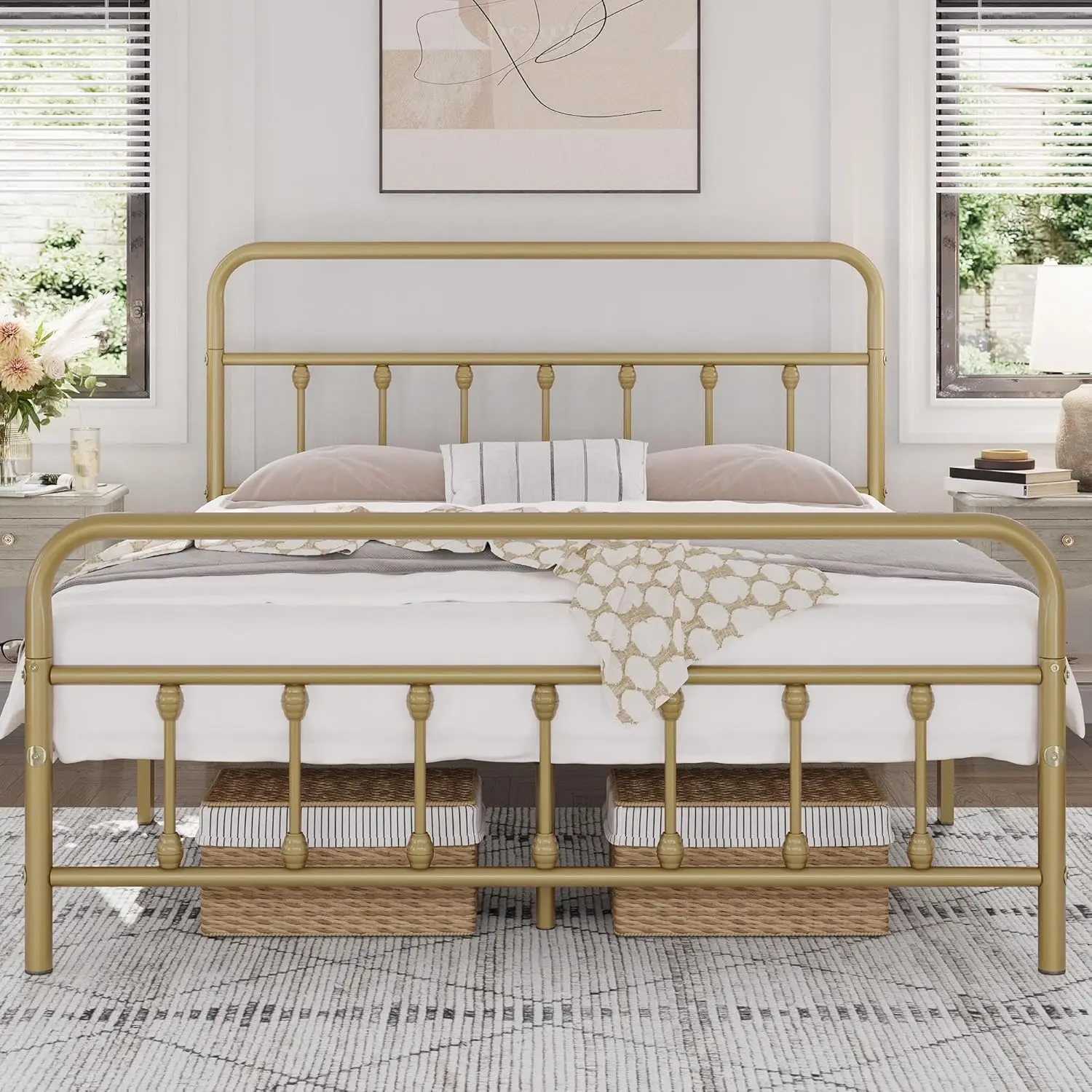 Klassiek Metalen Platform Bed Frame Matrasbasis, Gesmeed Ijzeren Hoofdeinde/Voetensteun/Onderbed Opbergruimte/Geen Veren Nodig