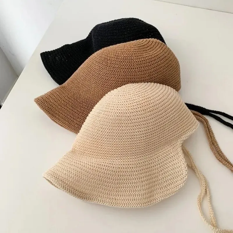 Korean Linen Knitted Straw Knitted Loli Hat Summer Simple Wide Brim Lace Breathable Sunshade Sunscreen Dome Sun Hats for Women