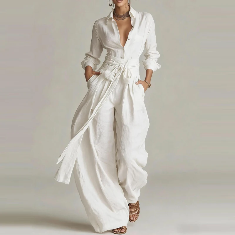 

Fashion Lapel Button Top & Lace-Up Pant Suit Women's Casual Pocket Long Sleeve Solid Long Pant Set Elegant Commute Shirt Outfi