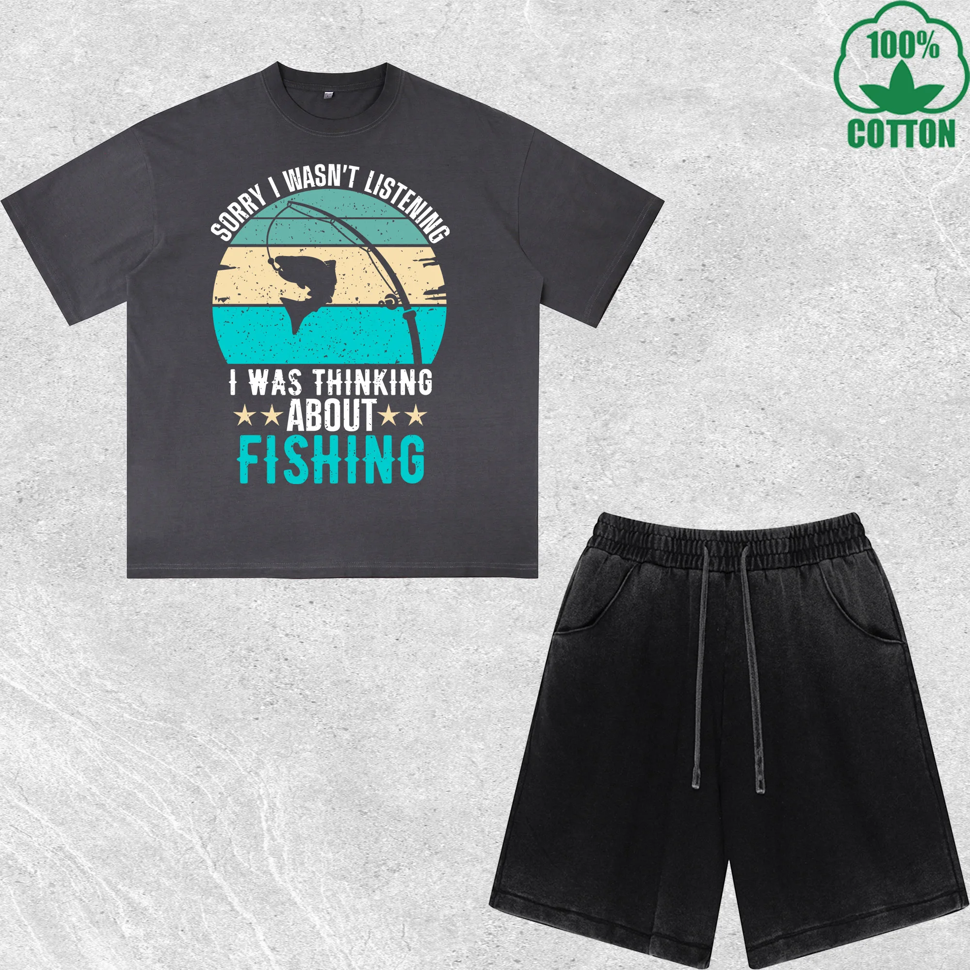 

Was Thinking Fishing Printed Dirty Wash T-Shirt Shorts Set Multicolor Combo Loose Trendy Fashionable 100%Cotton Short Value Pack