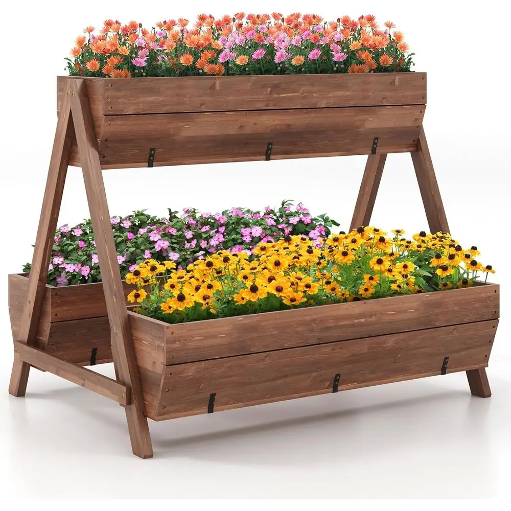 3-Tier Wooden Planter Box, 44L x 36W x 35H, Drainage, Indoor/Outdoor, Raised Garden Bed for Veggies