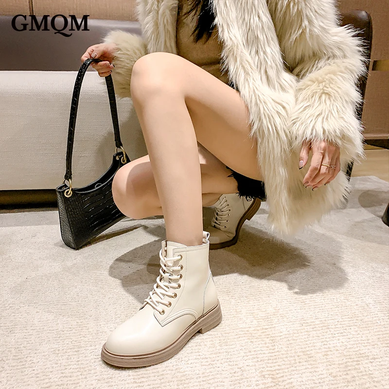 GMQM Brand Genuine Leather Boots Women Shoes Fashion Women\'s Loafers Shoes Platform Thick-Soled Round Toe Lace-Up British Style