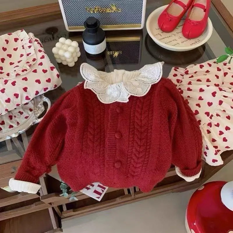 

2026 New Girl Baby Red Sweater Autumn And Winter Children's Warm New Year Clothing Korean Children's Knitted Sweater