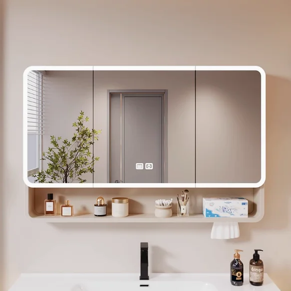 

Space Aluminum Arc Bathroom Mirror Cabinet Wall-mounted Intelligent Mirror with Light Anti-fog Storage Cabinet